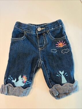 Gymboree Dark Blue Denim Whale Embroidered Cropped Pants